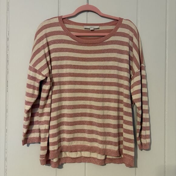 Loft Linen Blend Sweater Lightweight Pink Striped Metallic Beachy Casual Size XL - Picture 1 of 7